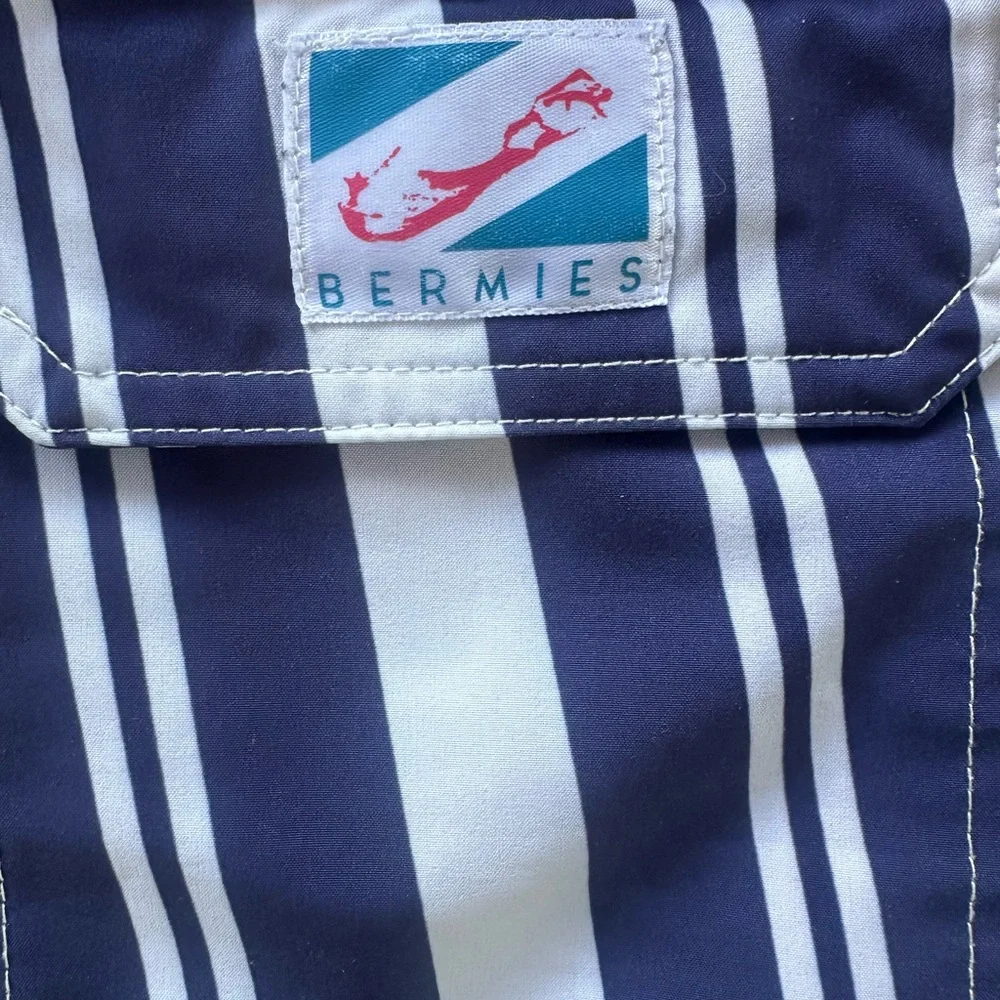 Navy & White Vertical Stripe Swim Trunks